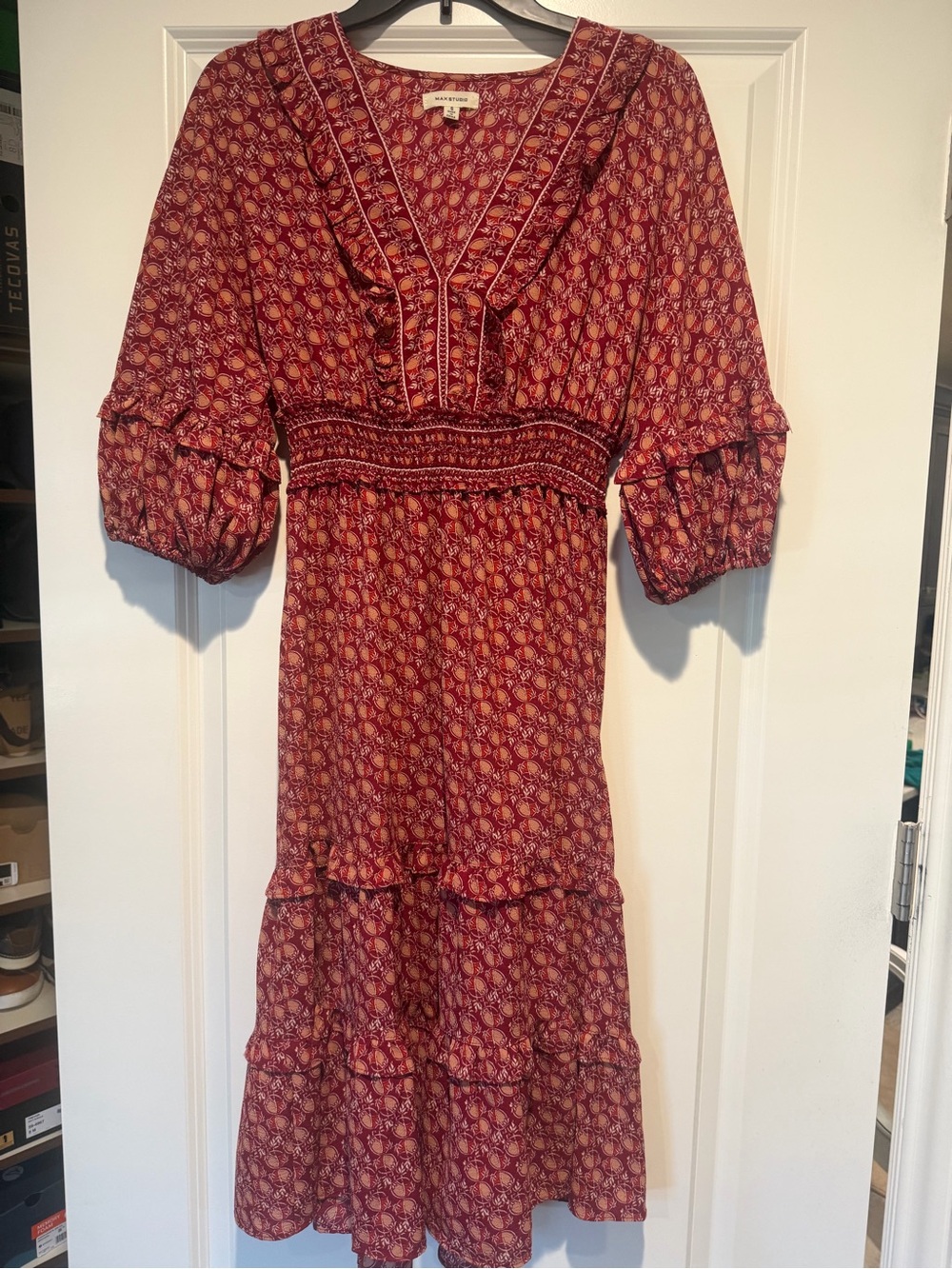 Max Studio Burgundy Printed Ruffle Midi Dress